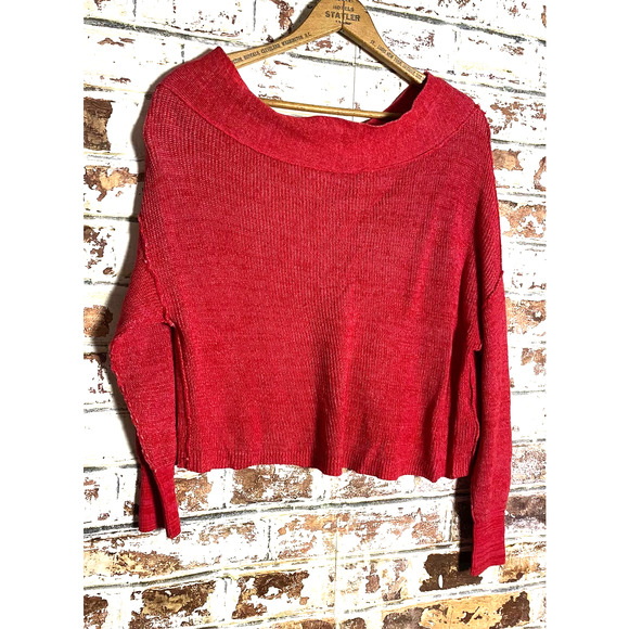 Free People Alana Pullover Linen Cotton Blend Red Knit Off The Shoulder Sweater - Picture 6 of 10